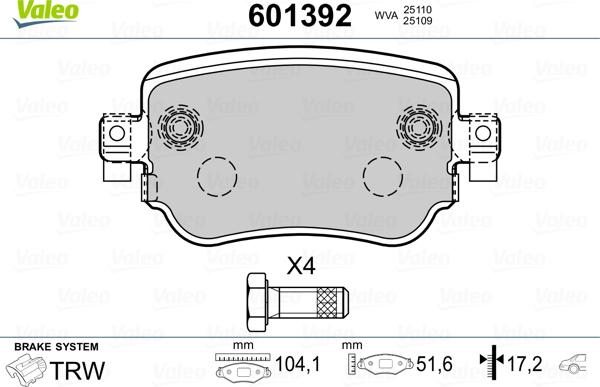 Valeo 601392 - Тормозные колодки, дисковые, комплект autospares.lv