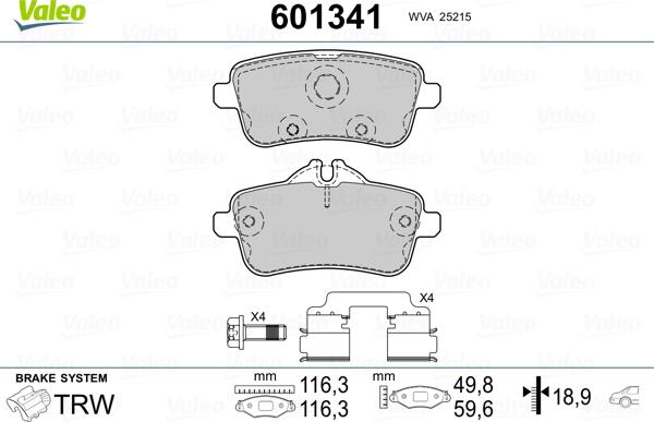 Valeo 601341 - Тормозные колодки, дисковые, комплект autospares.lv