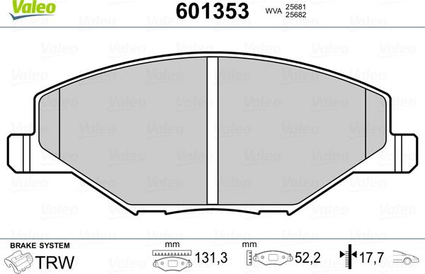 Valeo 601353 - Тормозные колодки, дисковые, комплект autospares.lv