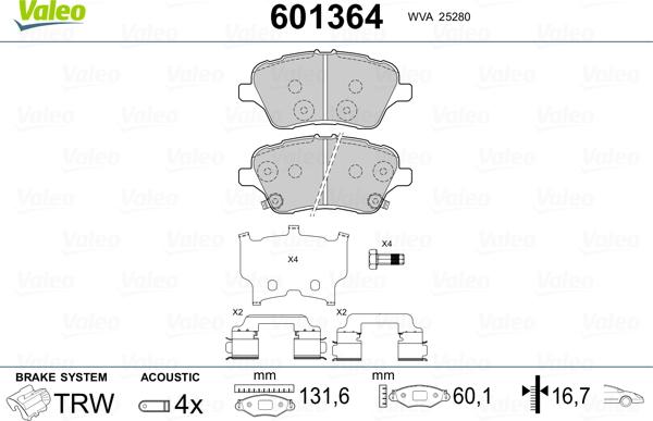 Valeo 601364 - Тормозные колодки, дисковые, комплект autospares.lv