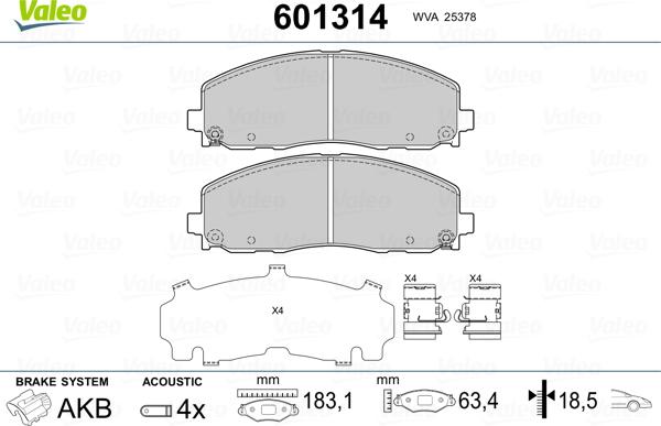 Valeo 601314 - Тормозные колодки, дисковые, комплект autospares.lv