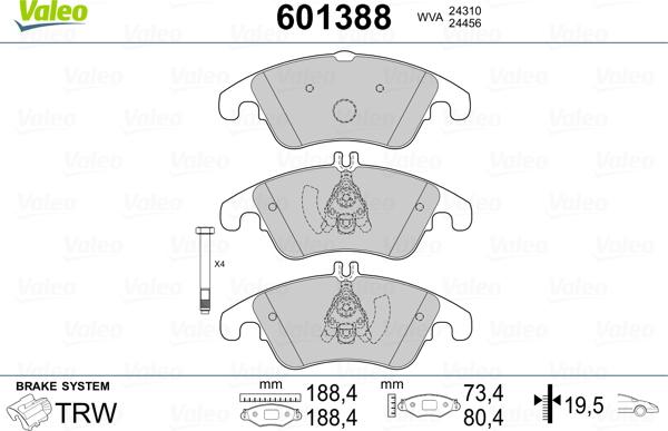 Valeo 601388 - Тормозные колодки, дисковые, комплект autospares.lv