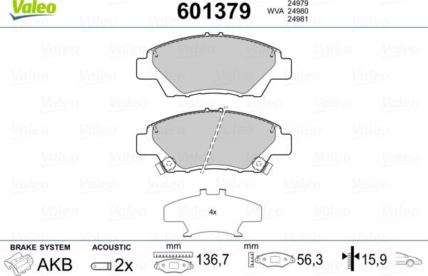 Valeo 601379 - Тормозные колодки, дисковые, комплект autospares.lv