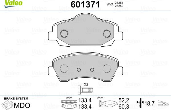 Valeo 601371 - Тормозные колодки, дисковые, комплект autospares.lv