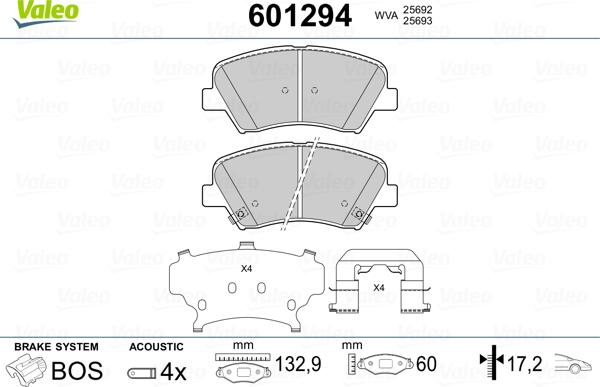 Valeo 601294 - Тормозные колодки, дисковые, комплект autospares.lv