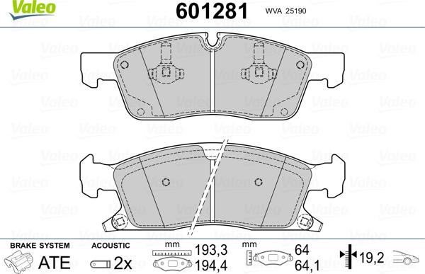 Valeo 601281 - Тормозные колодки, дисковые, комплект autospares.lv