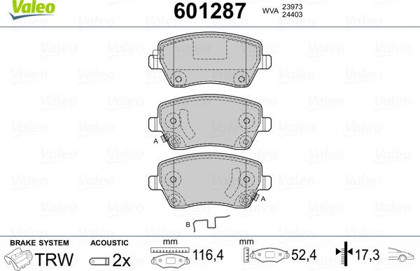 Valeo 601287 - Тормозные колодки, дисковые, комплект autospares.lv