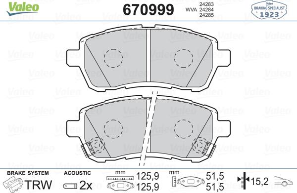 Valeo 670999 - Тормозные колодки, дисковые, комплект autospares.lv