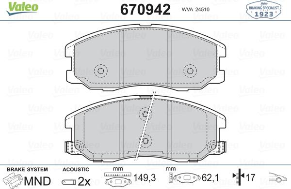 Valeo 670942 - Тормозные колодки, дисковые, комплект autospares.lv