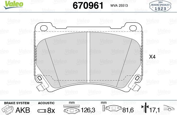 Valeo 670961 - Тормозные колодки, дисковые, комплект autospares.lv