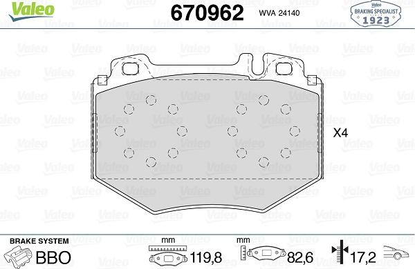 Valeo 670962 - Тормозные колодки, дисковые, комплект autospares.lv