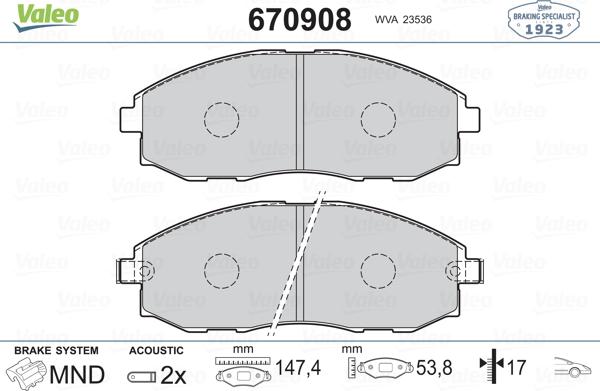 Valeo 670908 - Тормозные колодки, дисковые, комплект autospares.lv