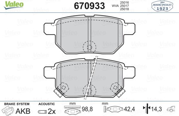 Valeo 670933 - Тормозные колодки, дисковые, комплект autospares.lv