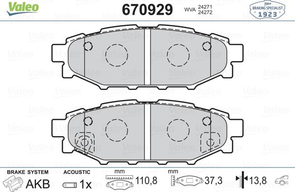 Valeo 670929 - Тормозные колодки, дисковые, комплект autospares.lv