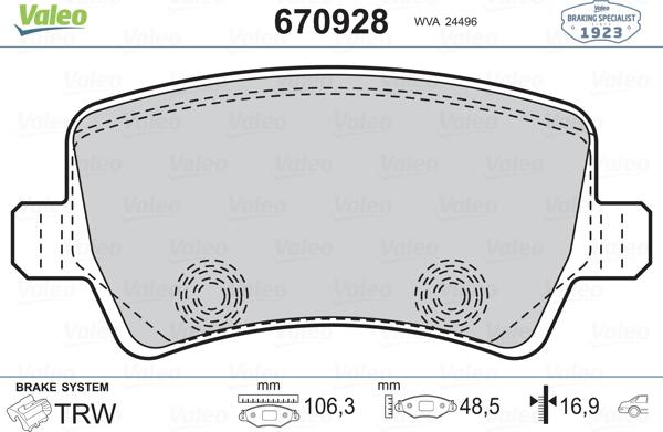 Valeo 670928 - Тормозные колодки, дисковые, комплект autospares.lv