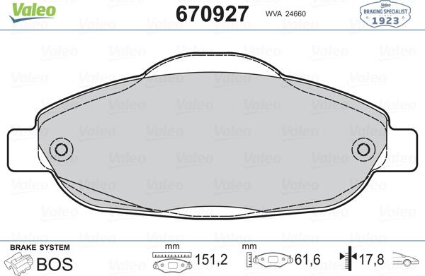 Valeo 670927 - Тормозные колодки, дисковые, комплект autospares.lv