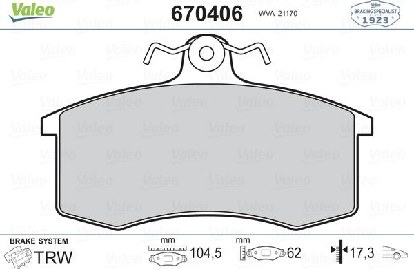 Valeo 670406 - Тормозные колодки, дисковые, комплект autospares.lv