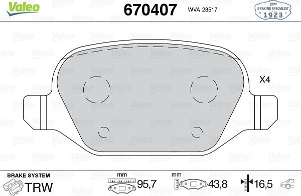 Valeo 670407 - Тормозные колодки, дисковые, комплект autospares.lv