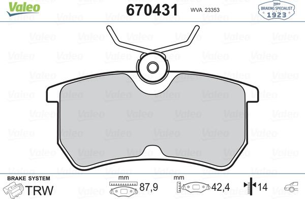 Valeo 670431 - Тормозные колодки, дисковые, комплект autospares.lv