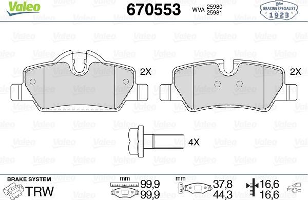 Valeo 670553 - Тормозные колодки, дисковые, комплект autospares.lv