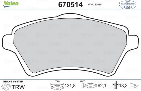 Valeo 670514 - Тормозные колодки, дисковые, комплект autospares.lv