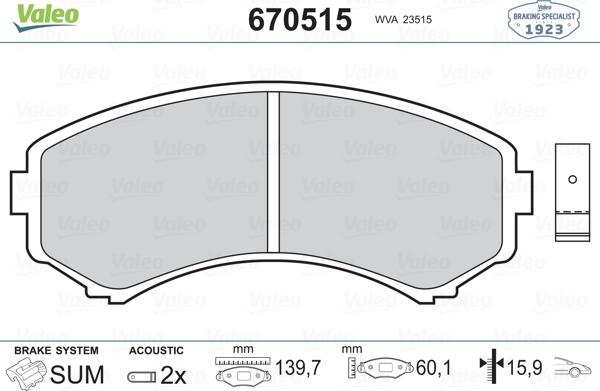 Valeo 670515 - Тормозные колодки, дисковые, комплект autospares.lv