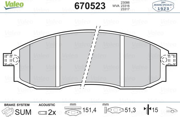 Valeo 670523 - Тормозные колодки, дисковые, комплект autospares.lv