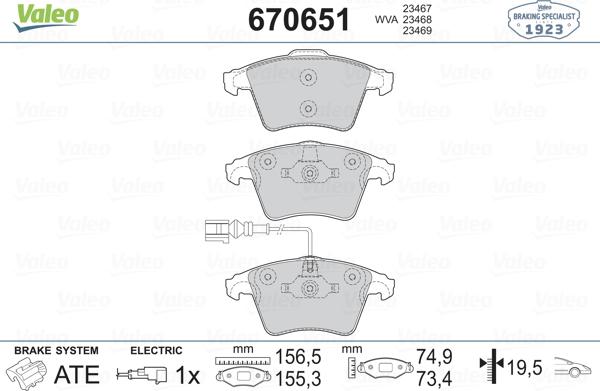 Valeo 670651 - Тормозные колодки, дисковые, комплект autospares.lv