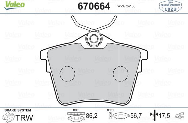 Valeo 670664 - Тормозные колодки, дисковые, комплект autospares.lv