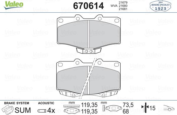 Valeo 670614 - Тормозные колодки, дисковые, комплект autospares.lv