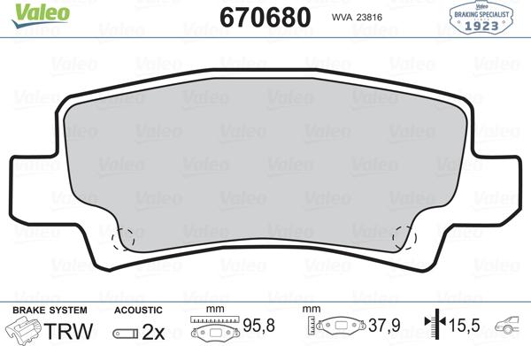 Valeo 670680 - Тормозные колодки, дисковые, комплект autospares.lv