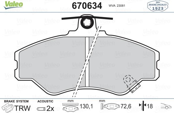 Valeo 670634 - Тормозные колодки, дисковые, комплект autospares.lv