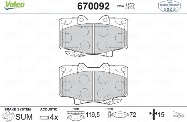 Valeo 670092 - Тормозные колодки, дисковые, комплект autospares.lv