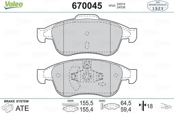 Valeo 670045 - Тормозные колодки, дисковые, комплект autospares.lv