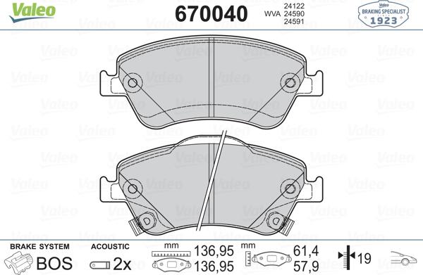 Valeo 670040 - Тормозные колодки, дисковые, комплект autospares.lv