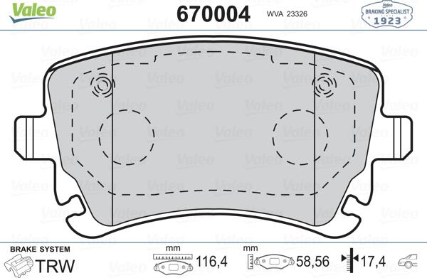 Valeo 670004 - Тормозные колодки, дисковые, комплект autospares.lv