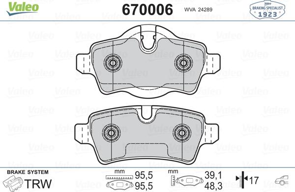 Valeo 670006 - Тормозные колодки, дисковые, комплект autospares.lv