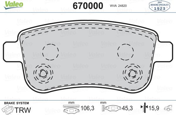 Valeo 670000 - Тормозные колодки, дисковые, комплект autospares.lv