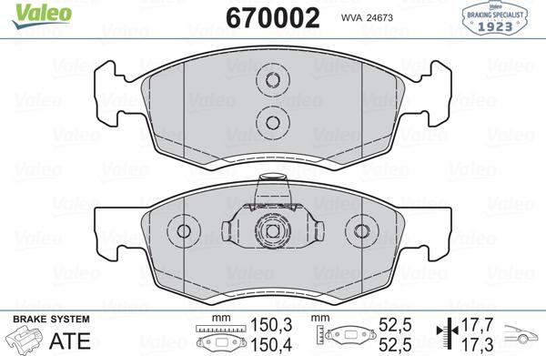 Valeo 670002 - Тормозные колодки, дисковые, комплект autospares.lv