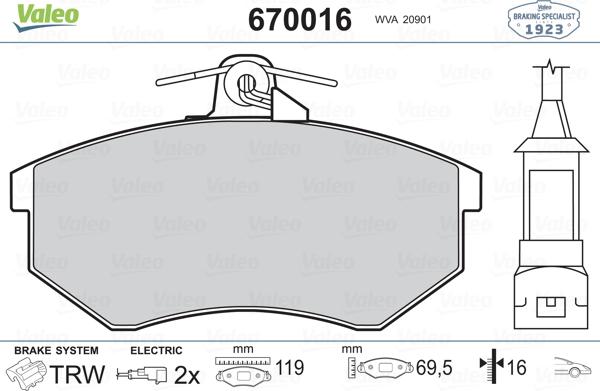 Valeo 670016 - Тормозные колодки, дисковые, комплект autospares.lv