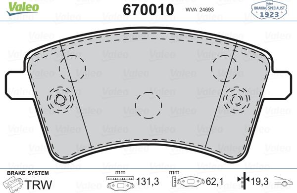 Valeo 670010 - Тормозные колодки, дисковые, комплект autospares.lv