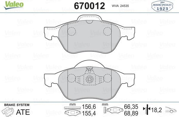 Valeo 670012 - Тормозные колодки, дисковые, комплект autospares.lv