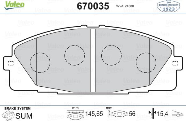 Valeo 670035 - Тормозные колодки, дисковые, комплект autospares.lv