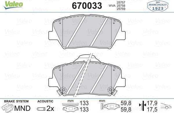 Valeo 670033 - Тормозные колодки, дисковые, комплект autospares.lv