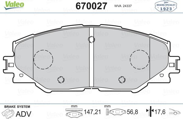 Valeo 670027 - Тормозные колодки, дисковые, комплект autospares.lv