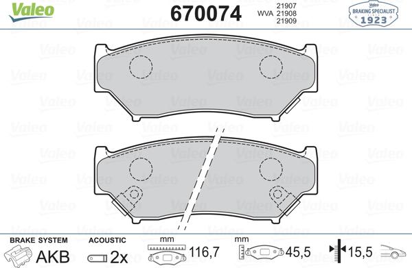 Valeo 670074 - Тормозные колодки, дисковые, комплект autospares.lv