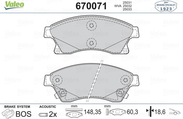 Valeo 670071 - Тормозные колодки, дисковые, комплект autospares.lv