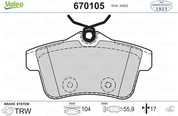 Valeo 670105 - Тормозные колодки, дисковые, комплект autospares.lv