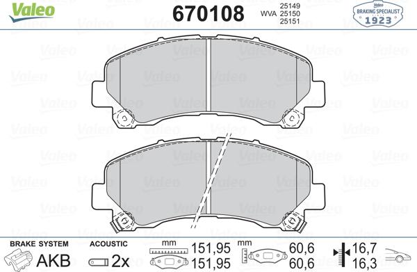 Valeo 670108 - Тормозные колодки, дисковые, комплект autospares.lv