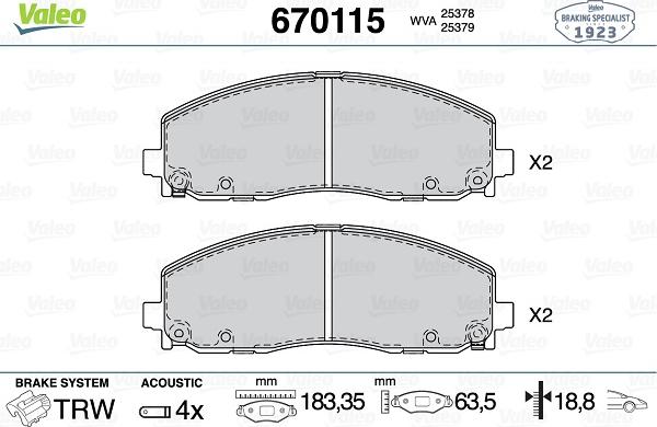 Valeo 670115 - Тормозные колодки, дисковые, комплект autospares.lv